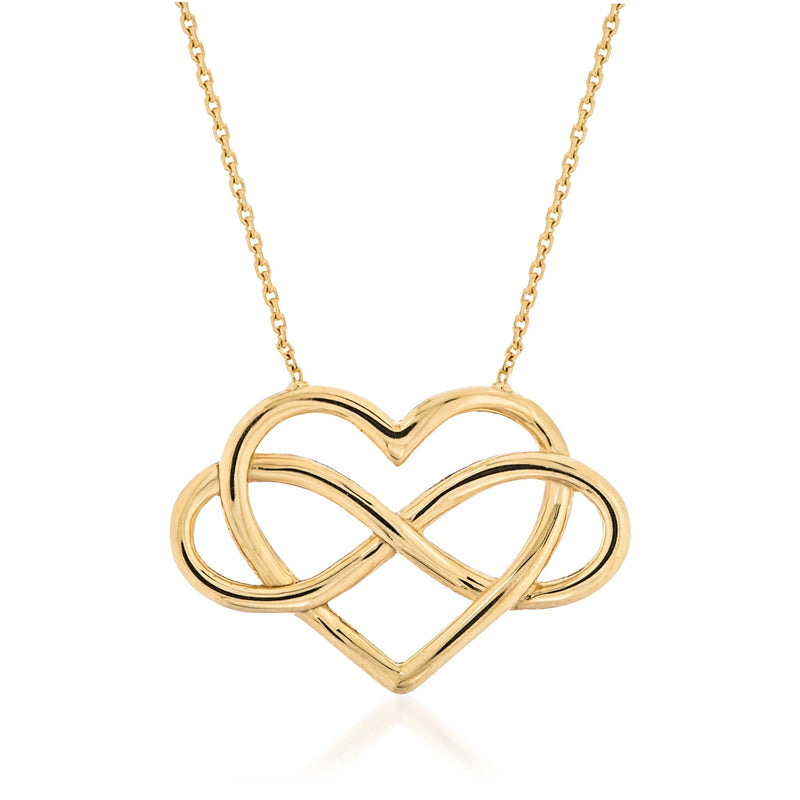 14kt yellow gold open infinity symbol and heart pendant necklace
