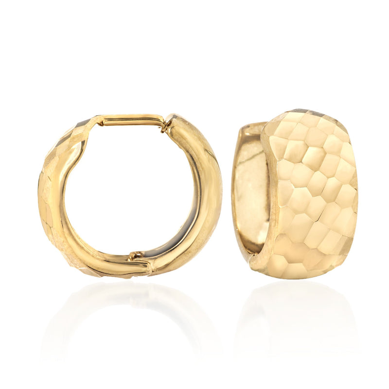 Diamond-cut 14kt yellow gold huggie hoop earrings with textured outer face
