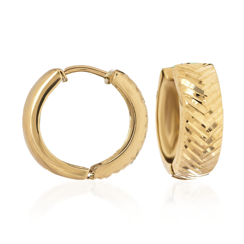 14kt yellow gold diamond-cut chevron huggie hoop earrings, hinged gold hoops