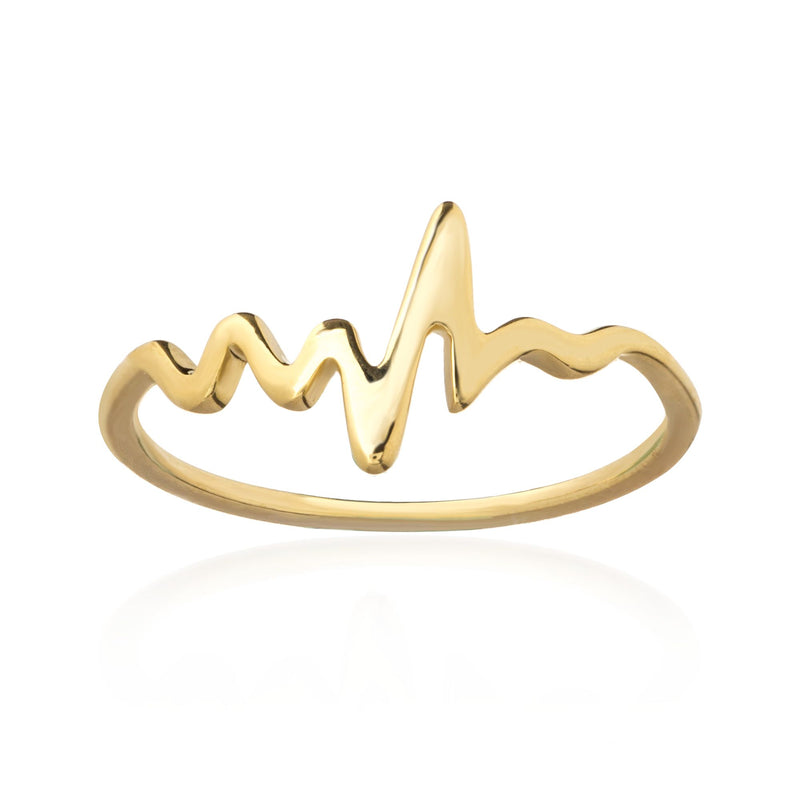 14kt yellow gold heartbeat ring with raised wave heart motif