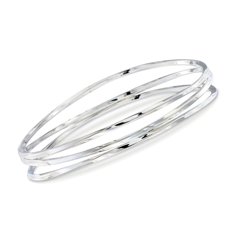 Sterling silver twisted triple-row bangle bracelet, oval open bangle with three bands.