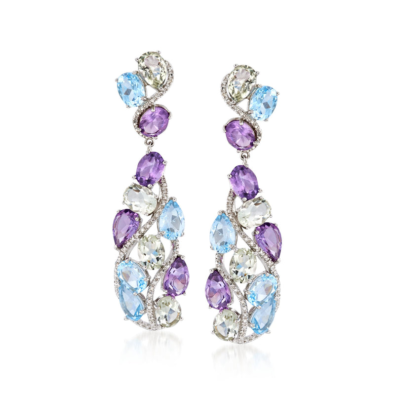 Sterling silver multi-stone drop earrings with oval blue, purple, and clear stones