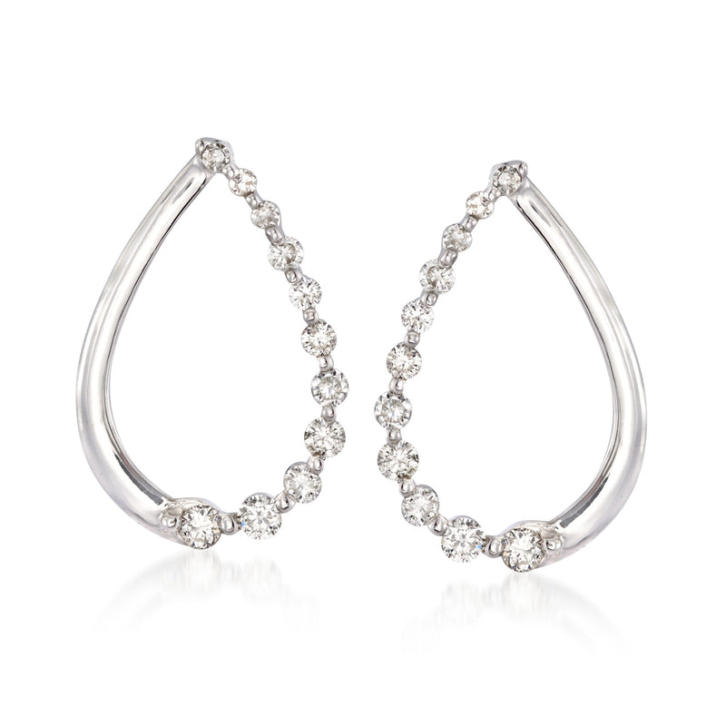 14kt white gold teardrop diamond drop earrings, hoop-like with round stones