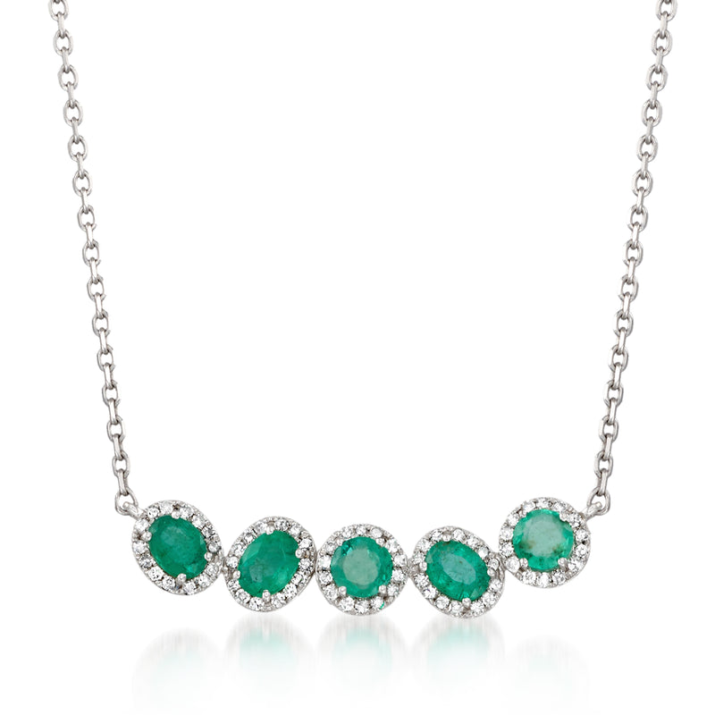 14kt white gold necklace with curved bar design, five emerald round stones and diamond halos