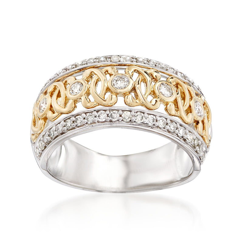 Two-tone gold diamond swirl ring with round white stones across the top