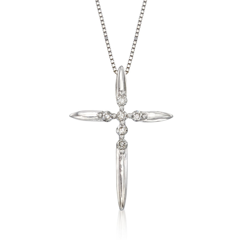 14kt white gold diamond cross pendant necklace, stone-studded cross with vertical pendant