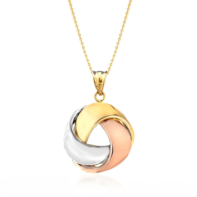 Tri-colored gold love knot pendant necklace with gold chain and circular knot pendant