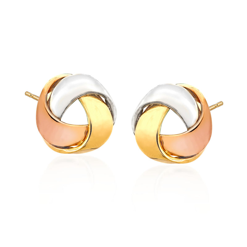 Tri-colored gold ribbon love knot stud earrings with post backs