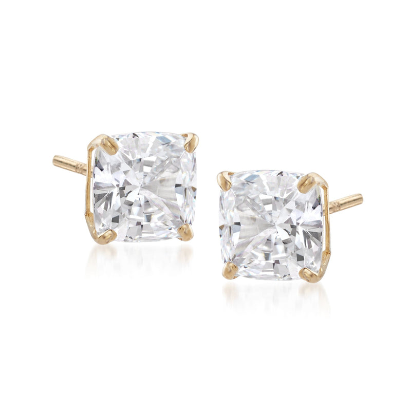 Asscher-cut CZ stud earrings in 14kt yellow gold, square clear stones