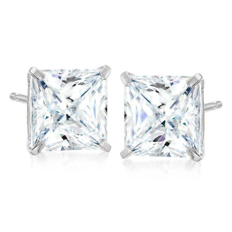 Asscher-cut CZ stud earrings in 14kt white gold, clear square stones.