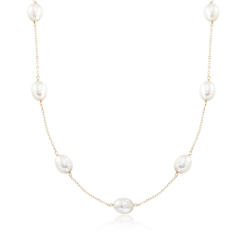 14kt yellow gold cultured pearl station necklace with five white pearls