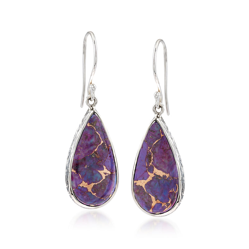 Sterling silver earwire teardrop earrings with purple turquoise stone bezel