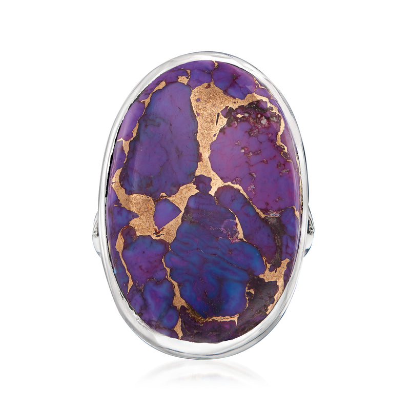Oval purple and blue gemstone ring with gold-tone matrix in sterling silver