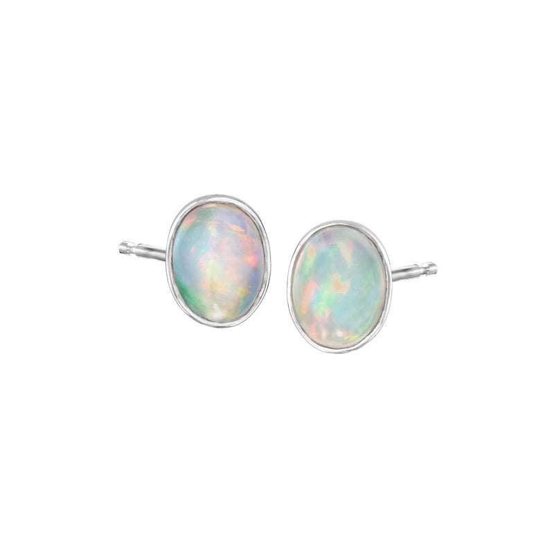 Sterling silver oval opal stud earrings with bezel settings