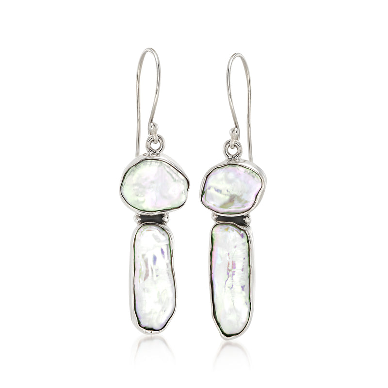 Sterling silver biwa pearl drop earrings with iridescent oval earwire pearls
