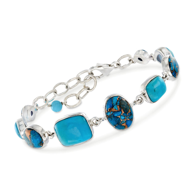 Sterling silver bracelet with turquoise square and round cabochons, link chain and clasp