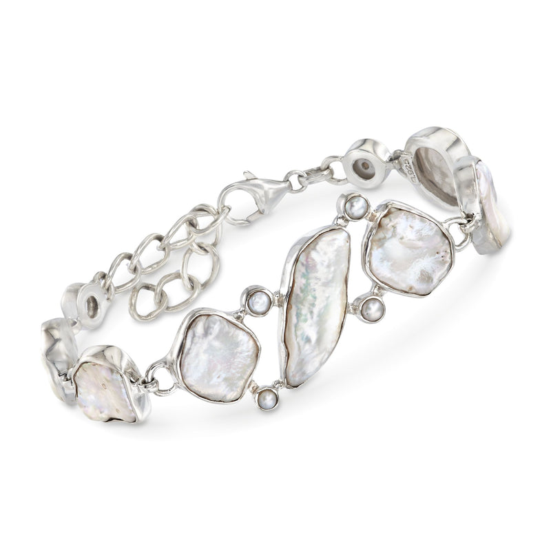 Sterling silver pearl bracelet with iridescent mother-of-pearl style links and clasp