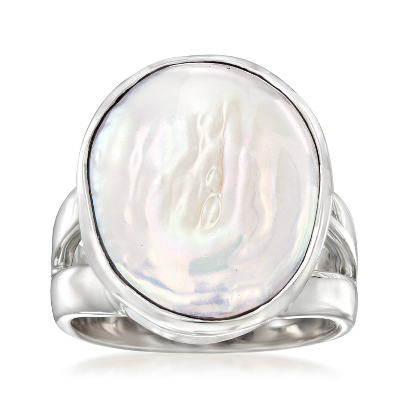 Cultured Biwa pearl ring in sterling silver, round iridescent white pearl bezel