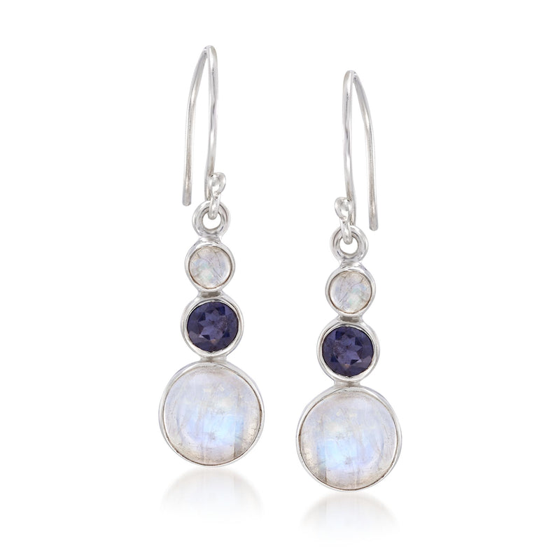 Sterling silver drop earrings with iridescent moonstone rounds and dark blue iolite