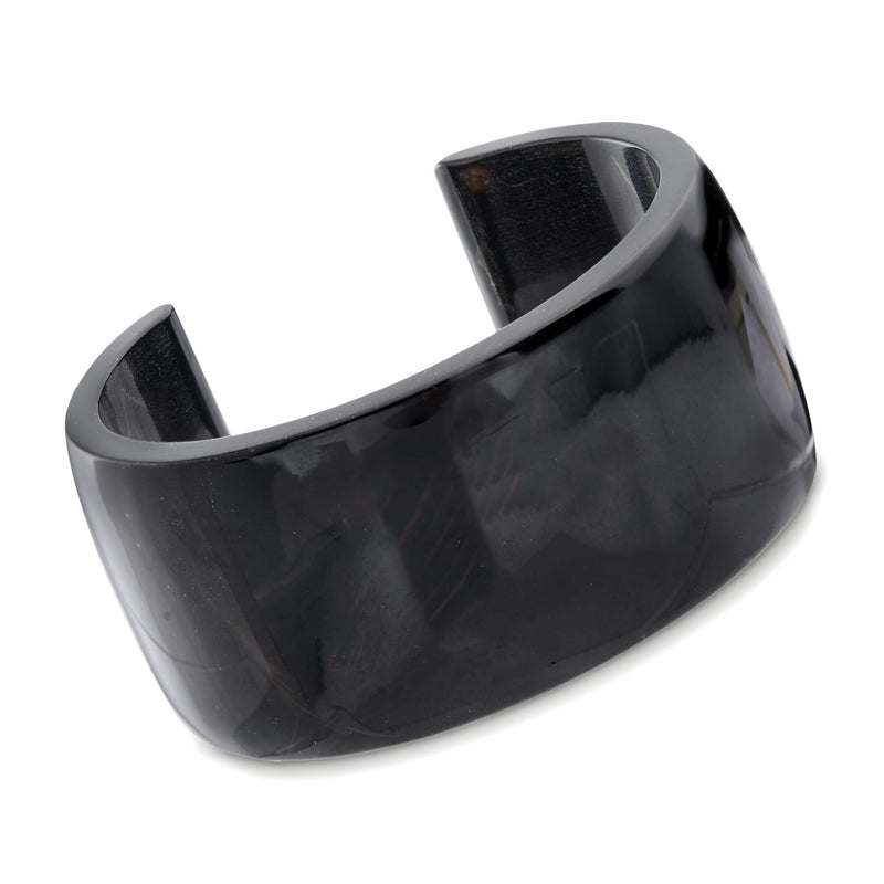 Black agate cuff bracelet, wide curved polished dark band with open ends