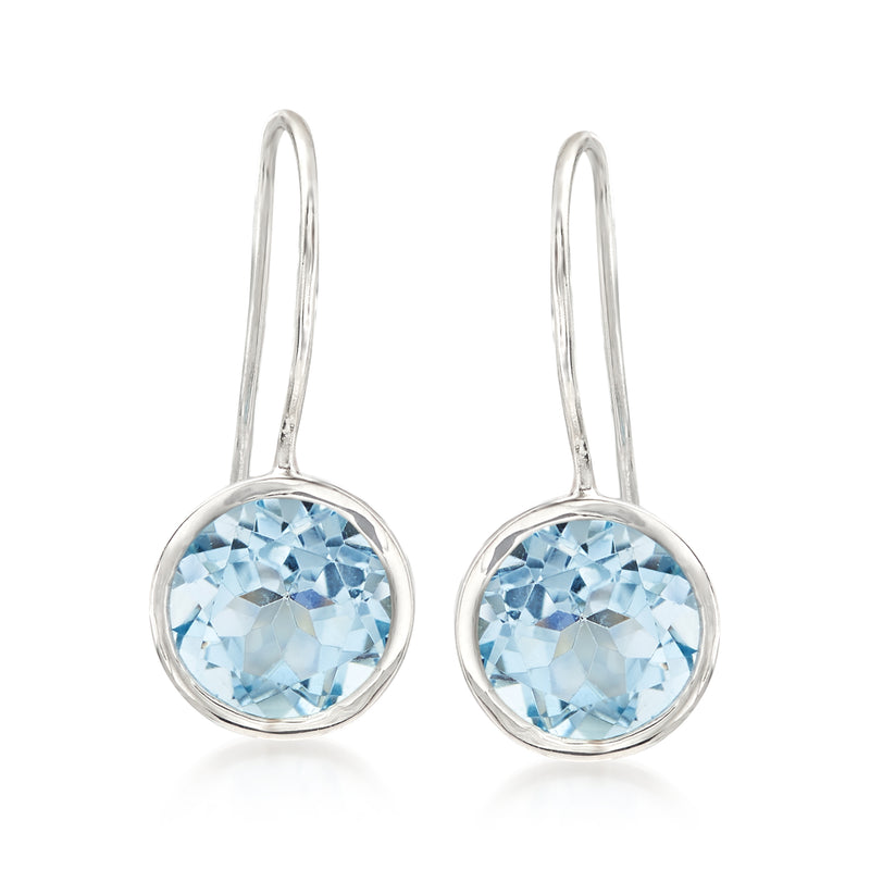 Sterling silver drop earrings with round sky-blue topaz gemstone and earwire hooks
