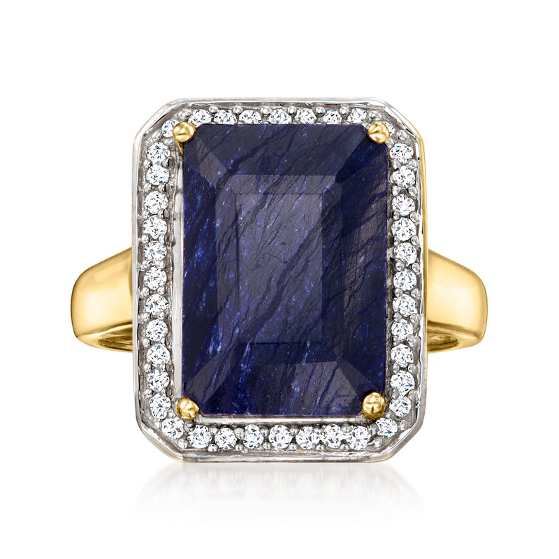 14kt yellow gold sapphire and diamond ring with square blue center stone and diamond halo