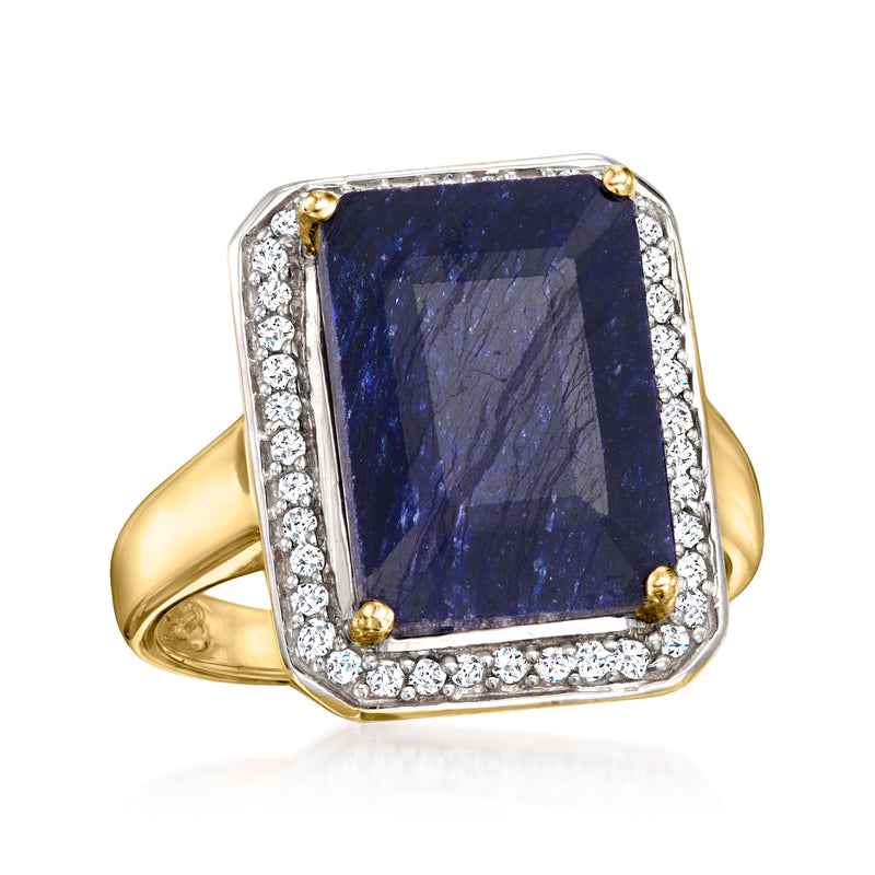 14kt yellow gold sapphire and diamond ring, angled view of blue center stone and halo