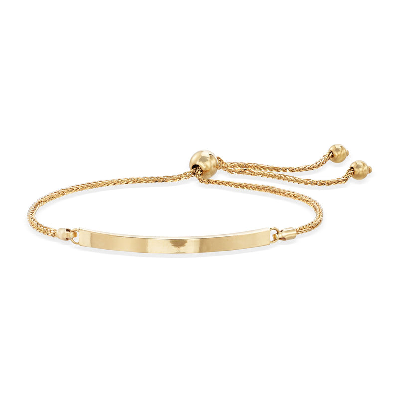 Curved bar bolo bracelet in 14kt yellow gold with braided chain and adjustable slider