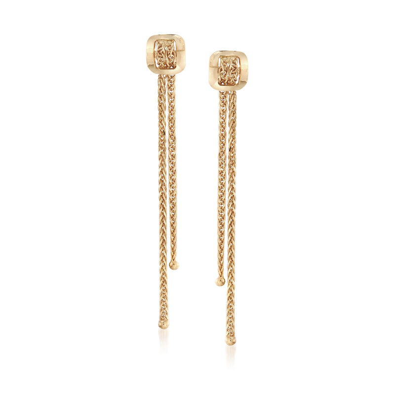 14kt yellow gold linear double-chain drop earrings with square stud tops