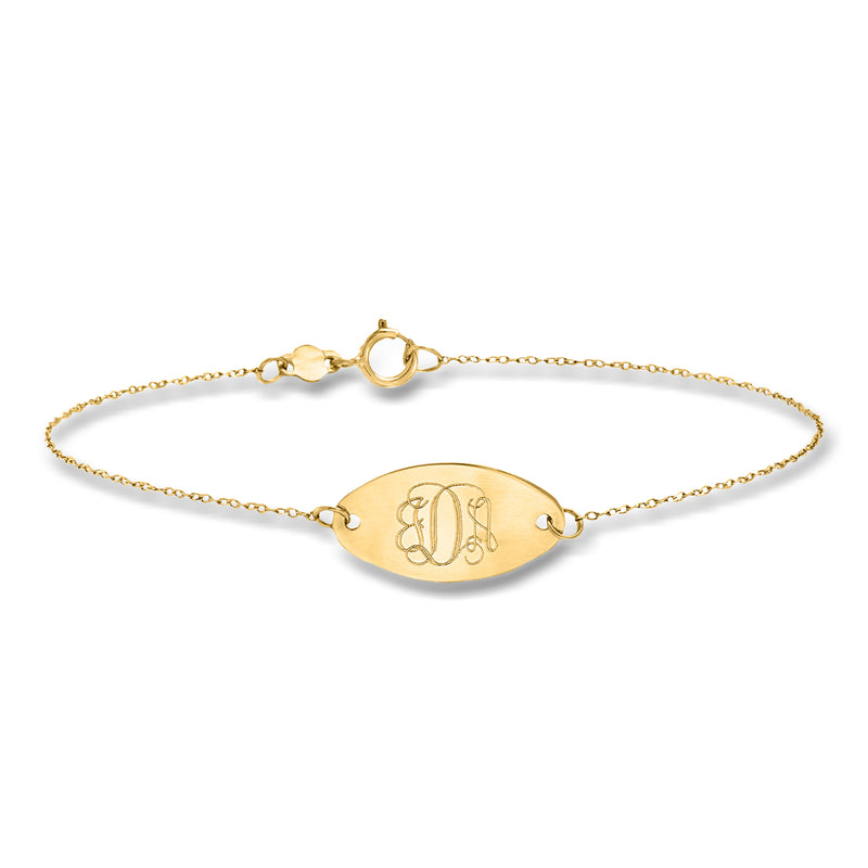 14kt yellow gold oval disc personalized bracelet with engraved initials and link chain