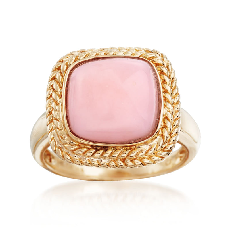14kt yellow gold square pink opal ring with braided bezel, polished band