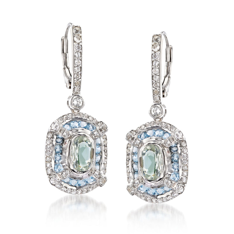 Sterling silver leverback drop earrings with oval green-blue stones and pave halos