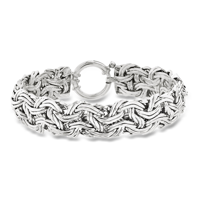Sterling silver Byzantine bracelet with interwoven chain links and small clasp ring