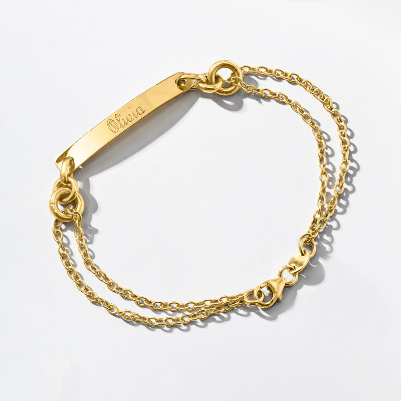 14kt yellow gold personalized ID bracelet with engraved bar and double-chain links