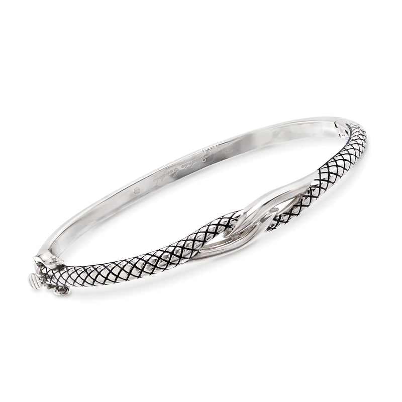 Sterling silver twisted bangle with black lattice insert and clasp