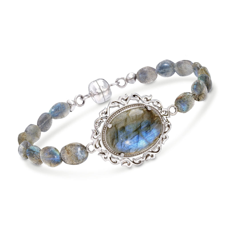 Labradorite bead bracelet with sterling silver oval frame and blue flash gemstone beads
