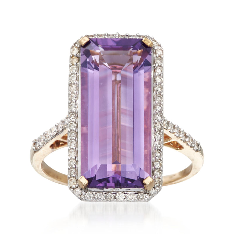 14kt yellow gold ring with emerald-cut amethyst and diamond halo