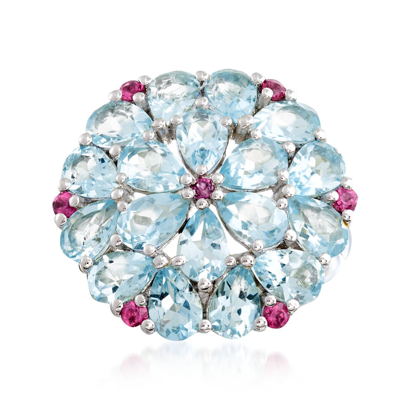 Sterling silver cluster ring with sky blue gemstones and pink accents