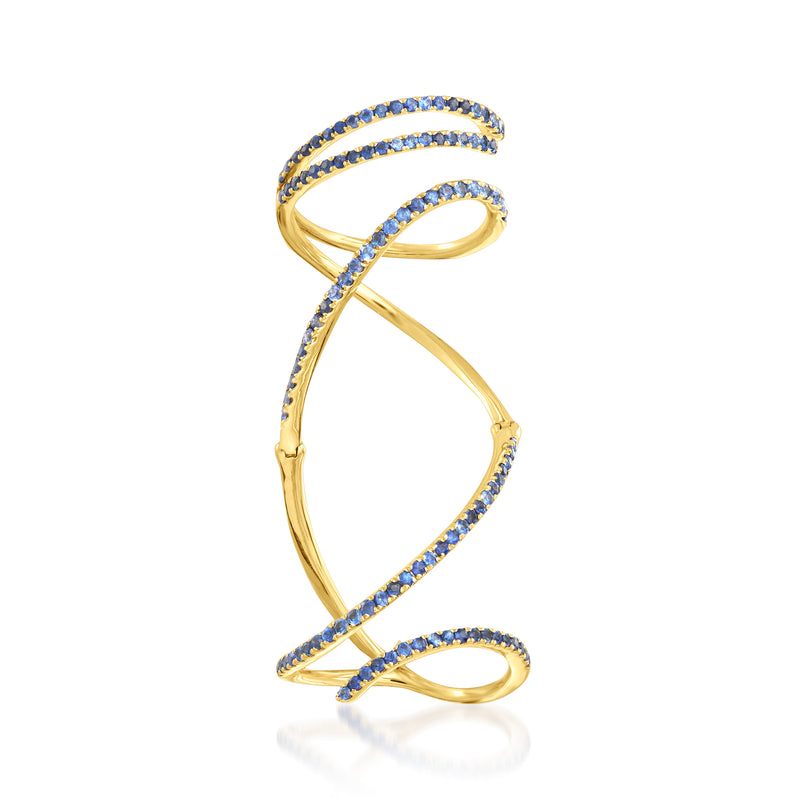 14kt yellow gold sapphire knuckle-wrap ring with double pavé bands