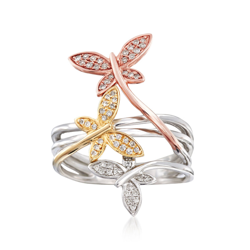 Tri-color gold diamond butterfly ring with layered butterfly design