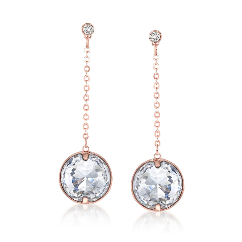 Rose gold-plated drop earrings with round crystal globe drops and dangling chain