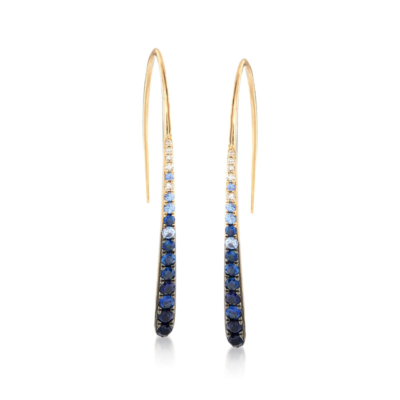 14kt yellow gold linear drop earrings with blue sapphire-toned oval stones, earwire