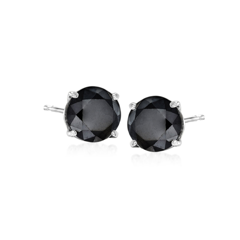 Black diamond stud earrings in 14kt white gold, round faceted black stones with prongs