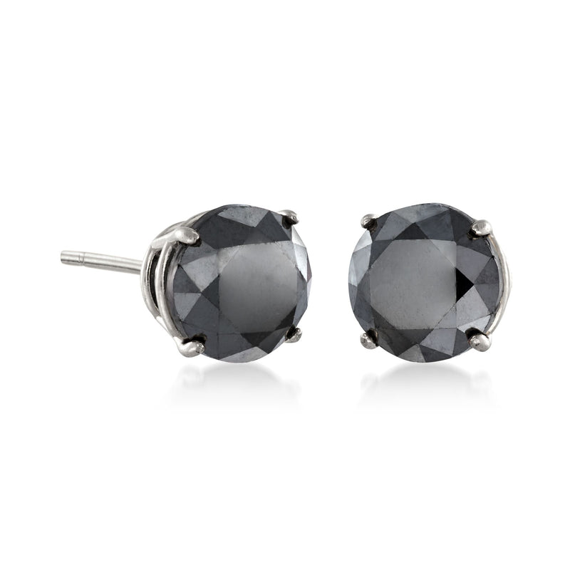 Round black diamond stud earrings, 14kt white gold setting with small clear accent stones