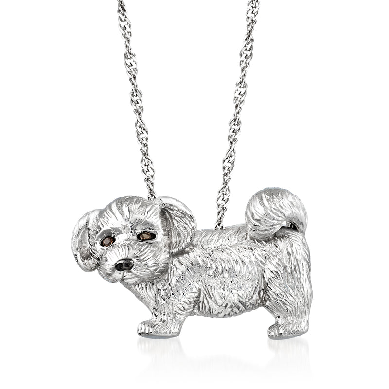 Sterling silver dog pendant with dark stone eyes, on linked chain