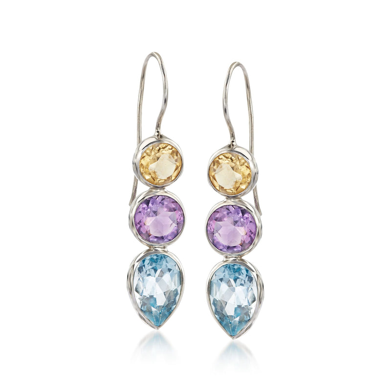 Multi-stone drop earrings in sterling silver with round yellow, purple, and blue stones