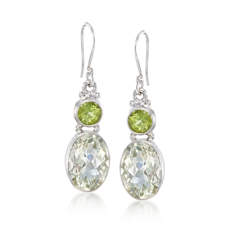 Sterling silver prasiolite and peridot drop earrings with green round and clear oval stones