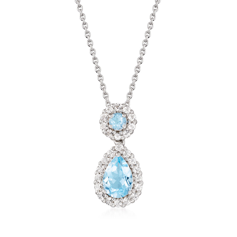 Sterling silver topaz pendant necklace with sky blue double teardrop stones