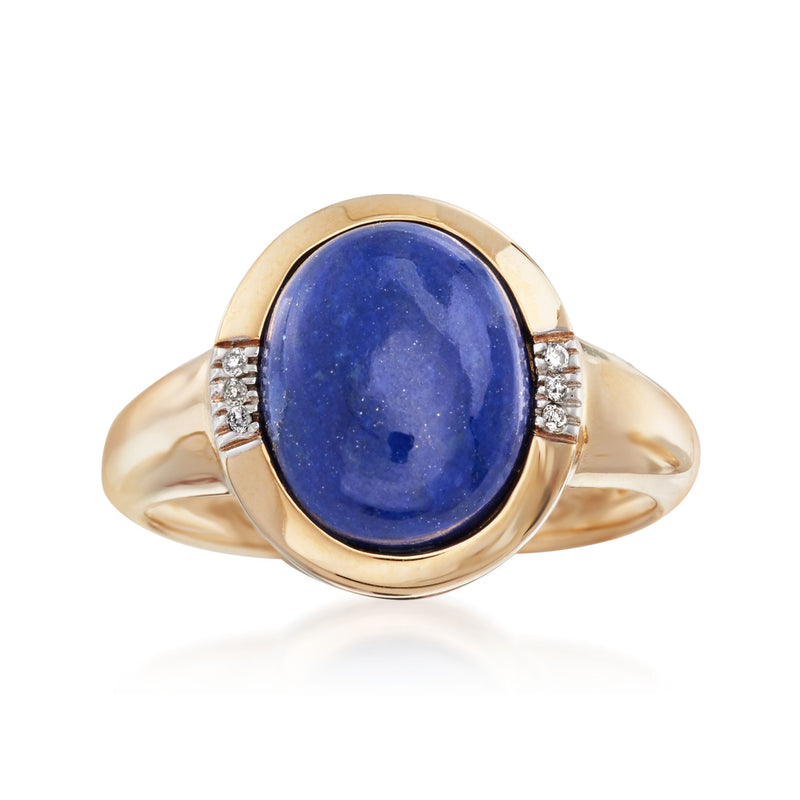 14kt yellow gold ring with oval lapis cabochon and diamond accents