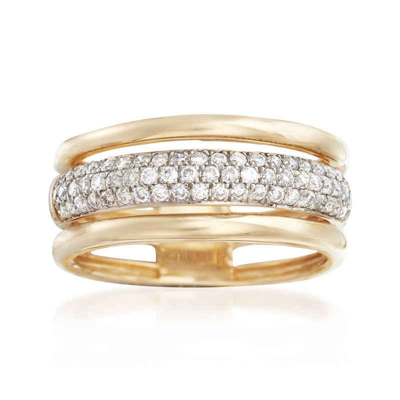 14kt yellow gold triple-row pave diamond ring with full band sparkle